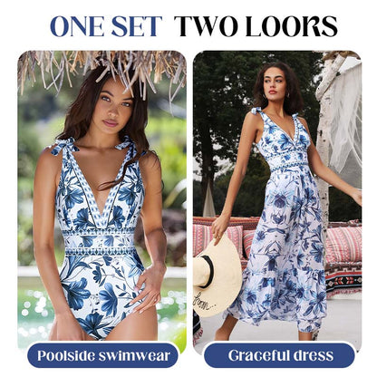 💥 Special Sale 49% OFF💥 V Neck Lace Up Printed One Piece Swimsuit and Skirt