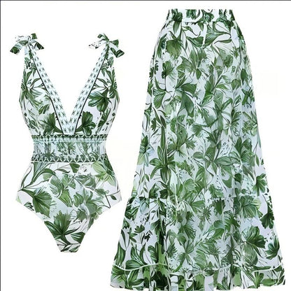 💥 Special Sale 49% OFF💥 V Neck Lace Up Printed One Piece Swimsuit and Skirt