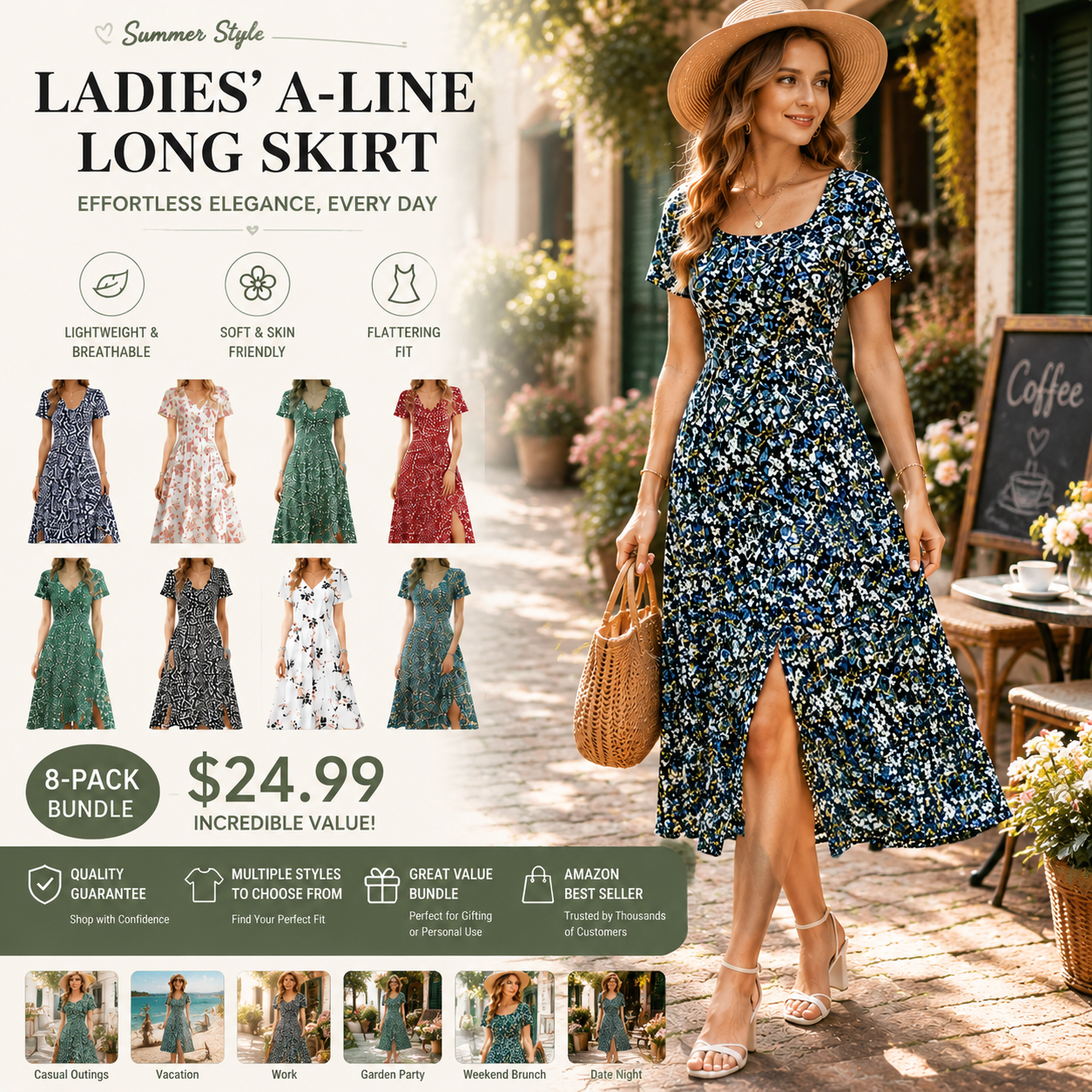 Women Square Neck Ditsy Floral Dress, Ruffle Empire Waist A-Line Sundress With Pockets